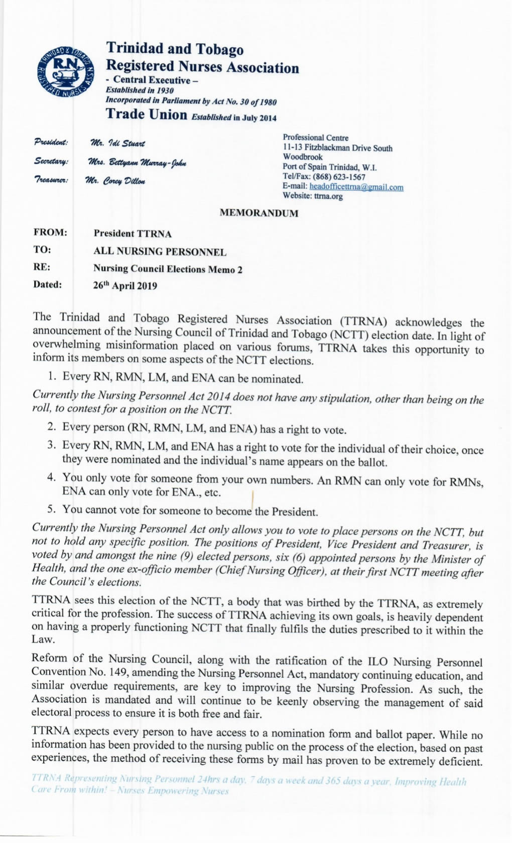 Nurses Council Elections Memo pg1
