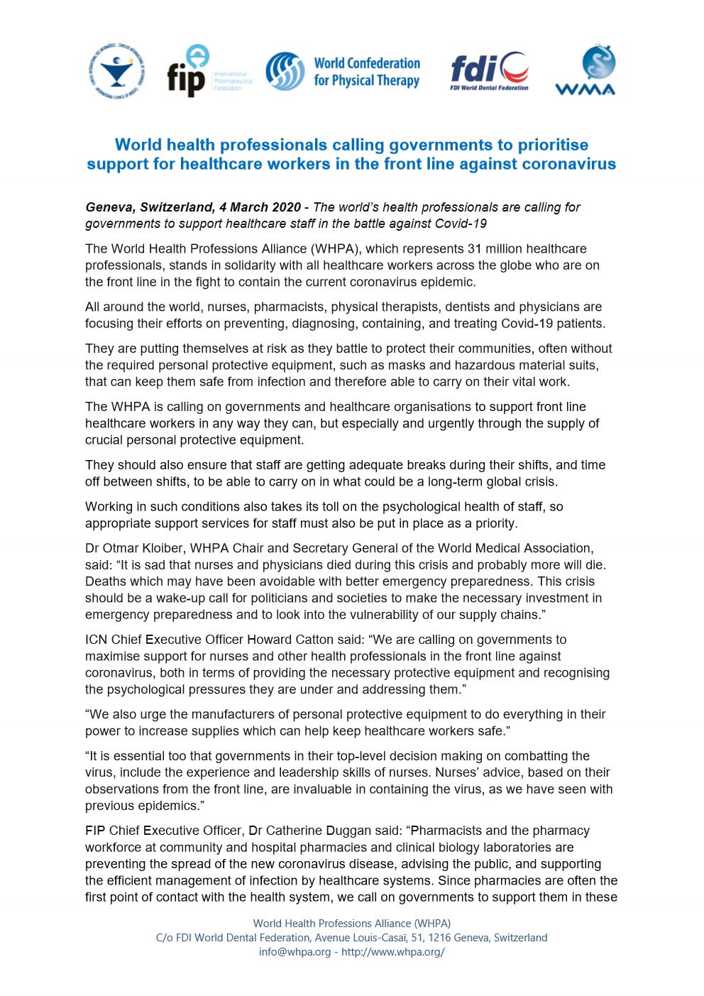 PR 06 WHPA statement Supporting HPs during COVID 19 1