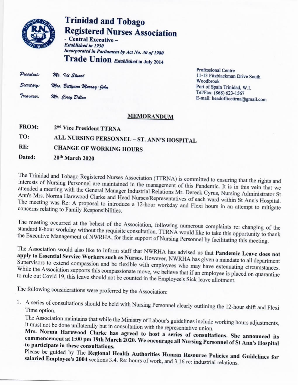 SAH Change in Working Hours Memorandum 1