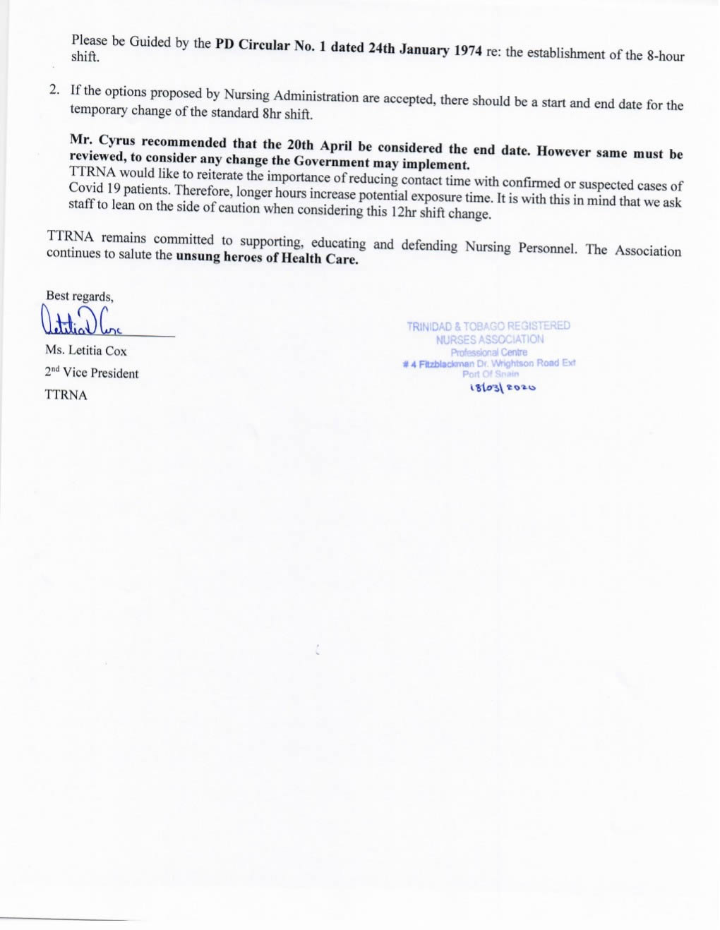 SAH Change in Working Hours Memorandum 2
