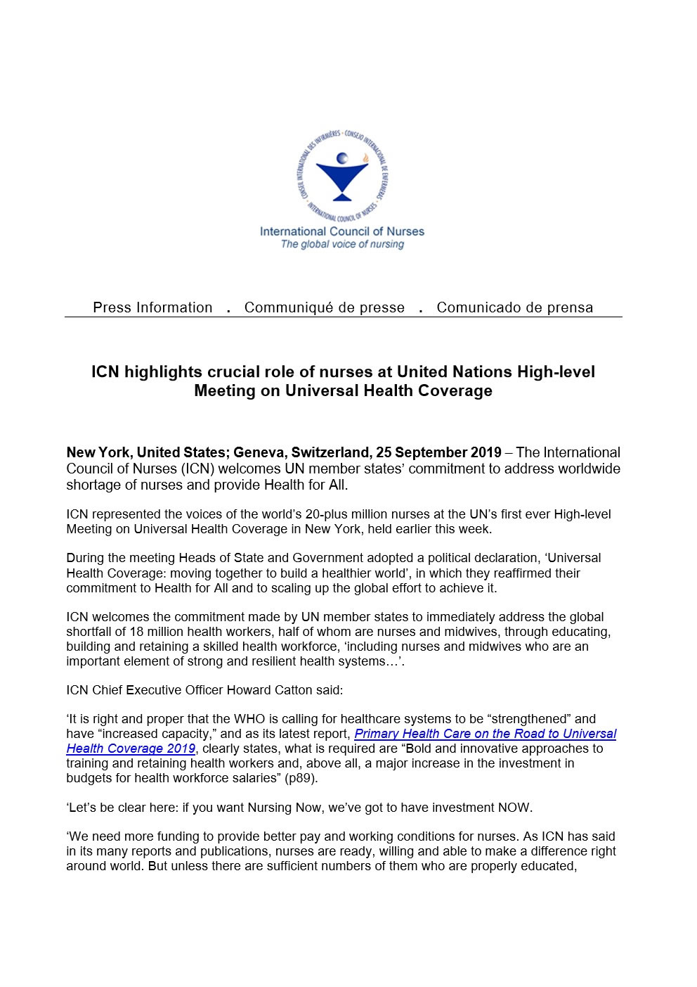 PR 45 UN High Level Meeting on Universal Health Coverage pg1