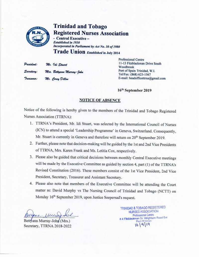 Notice of Absence Sept 2019